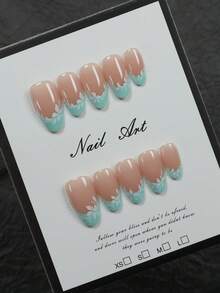 Short Almond 10PCS Handmade Press-On False Nails | Nude Mint Green French Hand-Painted White Flower Press-On Nails | With 1 Set Manicure Tools | Handmade False Nails | Fresh Forest Style | Youthful & Versatile | For Students & Office Workers - Multicolor - View 1
