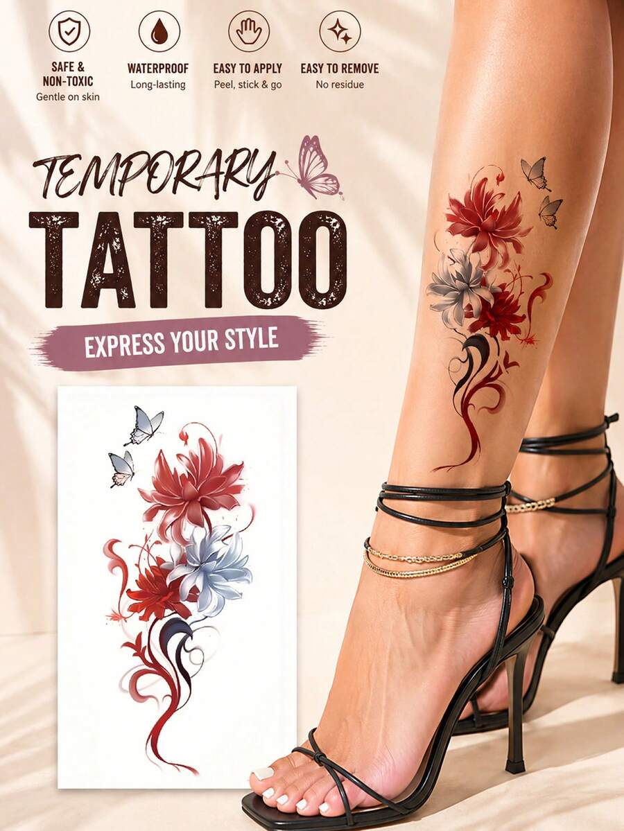 Waterproof Butterfly Flower Temporary Tattoo Sticker For Women, Long Lasting Fake Tattoo Decal For Leg, Arm, Shoulder, Back, Festival Party Vacation Body Art - Multicolor - View 1