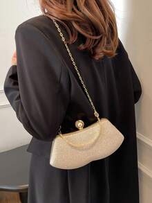 Premium Evening Clutch Bag With Pearl Clasp Design, Handheld And Crossbody Dual-Use Party Bag - Gold - View 5