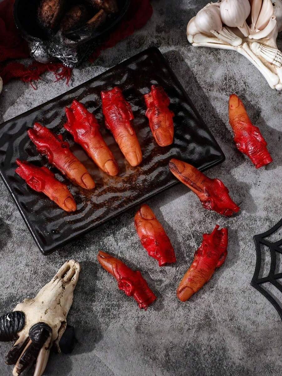 5 piezas de dedos falsos realistas con sangre, accesorios de decoración de Halloween con tono de piel y detalles sangrientos, adecuados para casas embrujadas, fiestas, bromas de fiesta y decoración de terror, Halloween