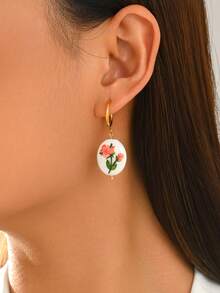 1 Pair Minimalist Gentle Style Oval Hand-Painted Floral Earrings For Women, Vacation, Casual, Travel Wear - Multicolor - View 3