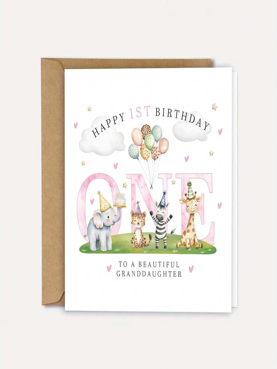 1 pièce "Happy 1st Birthday" Carte d'animal de safari avec enveloppe, design de jungle à l'aquarelle, carte de vœux pour le 1er anniversaire de la petite-fille, cadeau de célébration de jalon, intérieur vierge - Voir 1