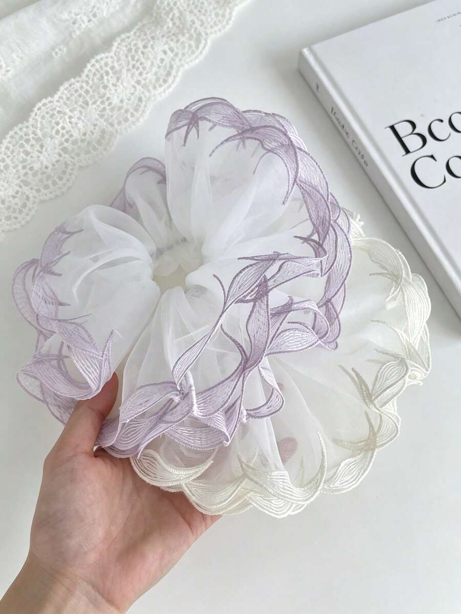 1件裝 柔紫色刺繡蕾絲 純白色 大號優雅全包髮圈 女用 - 彩色 - 查看 1