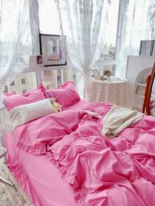 Set Sprei Lembut Ramah Kulit 3pcs Warna Merah Mawar Krem Gaya Feminin dengan Pinggiran Bergelombang, 3 Buah (1*Sprei + 2*Sarung Bantal), Cocok Untuk Kamar Tidur, Kamar Tamu, Semua Musim, Dapat Dicuci dengan Mesin - Rose Red - View 9