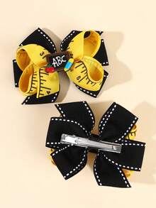 2 piezas de pinzas para el cabello con lazo de vuelta a la escuela, pinzas de cocodrilo, decoración de patrón de regla & mini pizarra, barretas de cinta de satén, accesorios de cabello casuales para niñas y niños - Multicolor - Ver 5