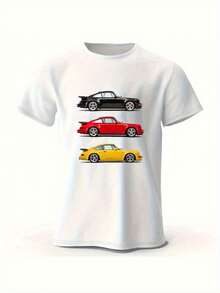 Classic Racing Print T-Shirt, Soft Short Sleeve T-Shirt, Comfortable Summer Top, Harajuku Urban Fashion Men's Clothing, For Car Enthusiasts, Suitable For Sports - 白色 - 查看 2