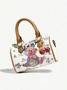 Fashionable Artificial Leather Graffiti Cute Bear Cartoon Handbag, Portable Vintage Shoulder Bag, Suitable For Work, Commuting, Shopping, Crossbody - Multicolor - View 5