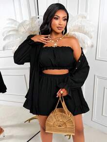 AIJ Plus Size Women's Casual Set, Ruffle Hem Button Front Shirt Collar Top Elegant Summer Black - Black - View 3