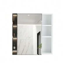 [Single Wall-Mounted Mirror Cabinet] 55 * 56 Cm, Wall-Mounted, White HDF Panel + Safety Mirror Glass Door, Divided Storage Space + Thick HD Mirror, Ideal For Bathroom / Dressing Room. - White - View 1