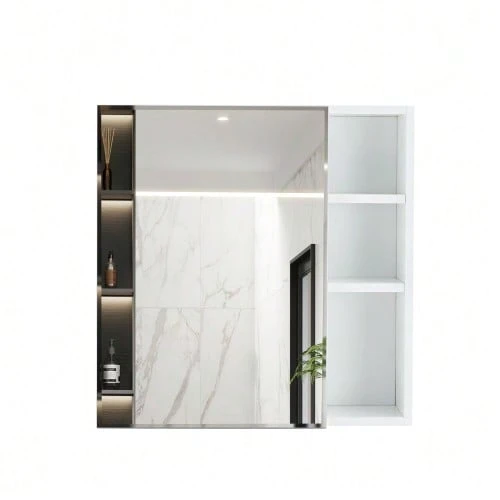 [Single Wall-Mounted Mirror Cabinet] 55 * 56 Cm, Wall-Mounted, White HDF Panel + Safety Mirror Glass Door, Divided Storage Space + Thick HD Mirror, Ideal For Bathroom / Dressing Room. - White - View 1