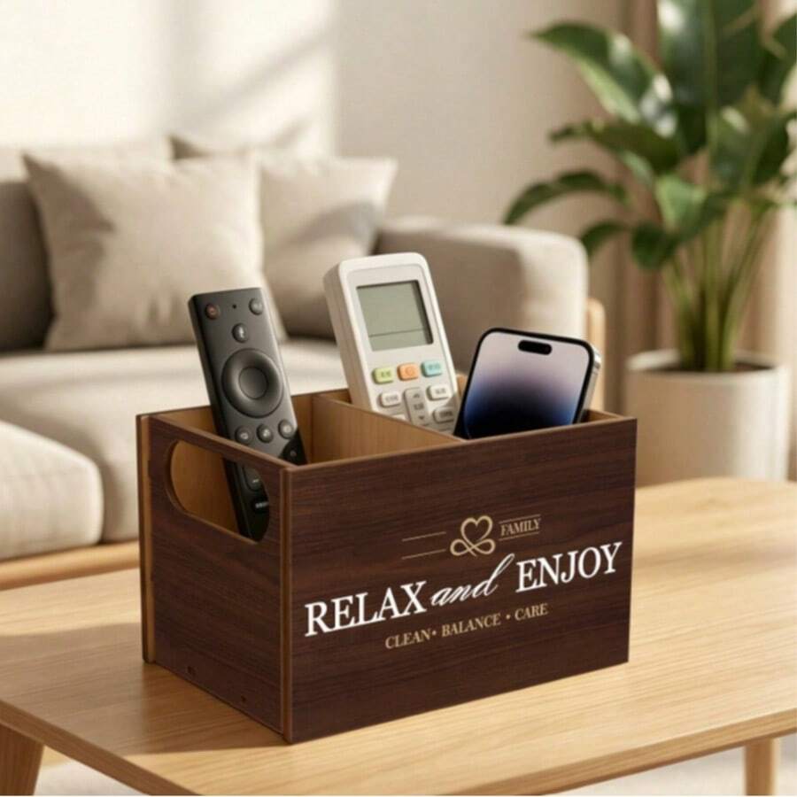 1 pieza Organizador de escritorio de madera de fácil montaje, caja de almacenamiento de múltiples compartimentos, soporte para teléfono y control remoto, adecuado para sala de estar y oficina en casa - Caqui - Ver 1