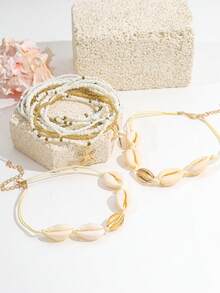 14PCS Bohemian Style Shell & Starfish Multi-Layer Anklet Set, Vacation Style Seed Bead Stacked Elastic Ankle Bracelets, Versatile Beach Foot Jewelry For Women - Gold - View 4