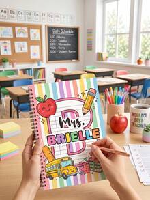1pc Custom Rainbow Striped Initial Teacher Notebook, School Bus Apple Doodle Spiral Journal,Preschool & Elementary Teacher Daily Classroom Planning Notebook,Teacher Lesson Planner ,School Supply,Teacher Appreciation Gift,Back To School - Multicolor - View 6