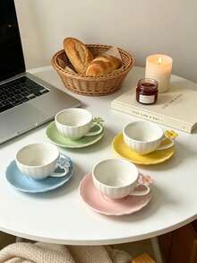 6pcs/1pc 90ml 3D Floral Ceramic Coffee Cup & Saucer Set, Microwave And Dishwasher , Suitable For Espresso And Arabic Coffee, Saudi Style Coffee Cup, Perfect For Afternoon Tea, Cafe And Kitchen, Ideal Gift - Multicolor - View 3