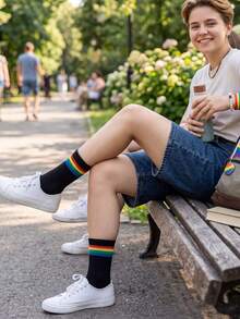 2/4 Pairs Unisex Classic Rainbow Striped Breathable Soft Mid-Calf Socks, Casual Sports Versatile, Suitable For Gifts, All Season - Multicolor - View 5