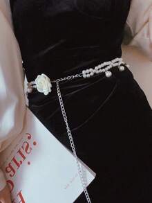 1pc Women's Waist Chain Pants Chain Camellia Pearl Waist Chain, High-End Fashion Versatile Dress Jeans Accessory, Thin Waist Belt, Elegant Sweet INS Style Design Body Chain - A - View 4