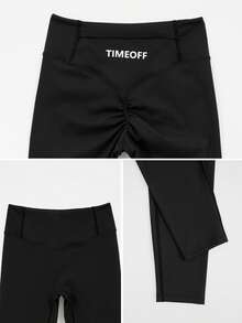 TimeOff 女款 1 件純色抓皺後腰帶口袋修身運動長褲 - 黑色 - 查看 4