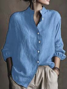 Camisa de lino de unicolor holgada para mujer, de manga 3/4, tejido de caída de hombros, cuello alto, longitud de manga hasta la muñeca, abotonadura delantera, casual minimalista, elegante retro, versátil para vacaciones, Navidad, Halloween - Azul - Ver 1