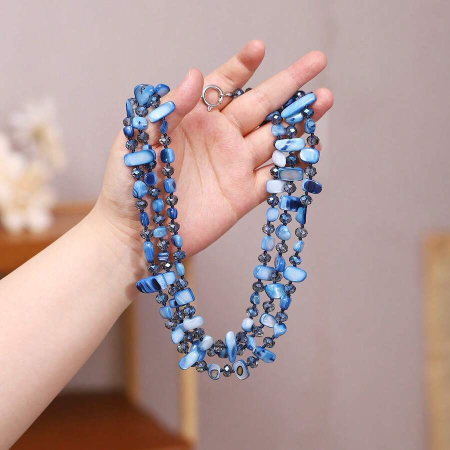 European And American Creative Cross-Border Hot-Selling Bohemian Colorful Shell Glass Multi-Layer Long Necklace Sweater Chain For Women - Dark Blue (three Layers) - View 1