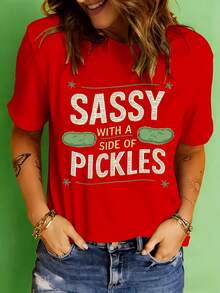 Simple And Versatile Design T-Shirt With Fun Pickle Print, Short Sleeve, Round Neck, Casual, Cotton For Women, Spring/Summer. - Red - View 2