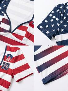 Women's Casual Style Knitted Sweetheart Neck Full Print Flag Slim Fit Short T-Shirt, Summer Outing Top, Women's Summer Vacation Red - Red - View 7