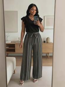 SHEIN Lady CURVE 2件組大尺碼女款波希米亞風黑色純色上衣與黑白條紋圖案長褲套裝，時尚新風格優雅 - 黑色 - 查看 2