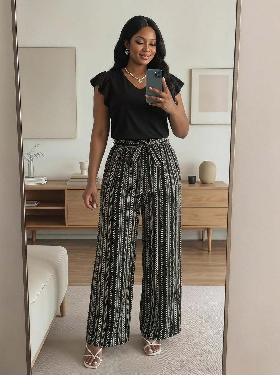 SHEIN Lady CURVE 2件組大尺碼女款波希米亞風黑色純色上衣與黑白條紋圖案長褲套裝，時尚新風格優雅
