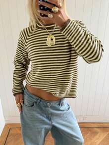 Women's Striped Knit Pullover Sweater, Long Sleeve Regular Length Top, Suitable For Autumn Wear, Medium Stretch Comfortable - Multicolor - View 2