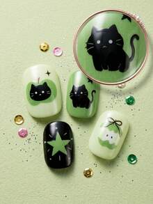 24pcs Y2K Style Children's Press-On Fake Nails, Green Apple + Cute Black Cat Theme Sweet & Cool Wearable Nails, Made Of Acrylic Material, Pre-Coated Gel, Full Coverage, Shiny Cute Patterns Including Green Apples, Fish Bones, Cute Kittens, Stars, Hearts And Other Small Decorations, Simple Yet Designed, Full Of Childhood Atmosphere. Full Coverage Small Nail Tips, Suitable For Girls' Gifts, Birthday Parties And Makeup Decoration - Multicolor - View 6