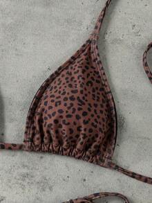 Ensemble de bikini vintage à imprimé léopard avec col licou et lien, maillot de bain de plage sexy push-up taille haute coupe slim en deux pièces, convient pour les femmes en vacances d'été - Multicolore - Voir 3