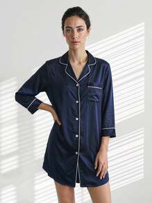 Veyra Day Satin Pajamas For Women, Silk-Like Pajamas Set ,Short Sleeve Sleepwear, Soft Loungewear For Ladies, Button Down Homewear Sets Blue - Navy Blue - View 1