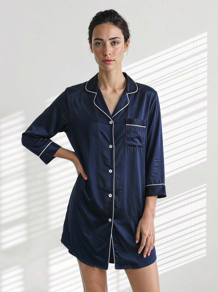 Veyra Day Satin Pajamas For Women, Silk-Like Pajamas Set ,Short Sleeve Sleepwear, Soft Loungewear For Ladies, Button Down Homewear Sets Blue - Navy Blue - View 1