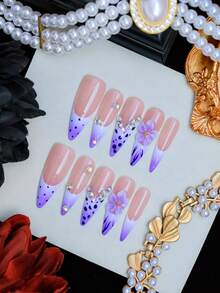 10 buah Kuku Tempel Lancip Buatan Tangan, Gaya Seni Kuku Musim Panas, Kuku Berhiaskan Berlian Imitasi Polka Dot Ungu Gaya Prancis, Bahan Akrilik Premium, Cocok untuk Pemakaian Sehari-hari dan Liburan Wanita - MultiWarna - View 3