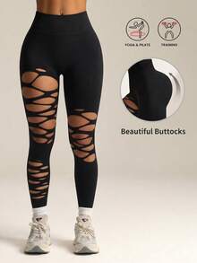 Women's High Waist Ripped Yoga Leggings, Butt Lifting Slimming Elastic Breathable Black Sports Autumn Style - Black - View 1