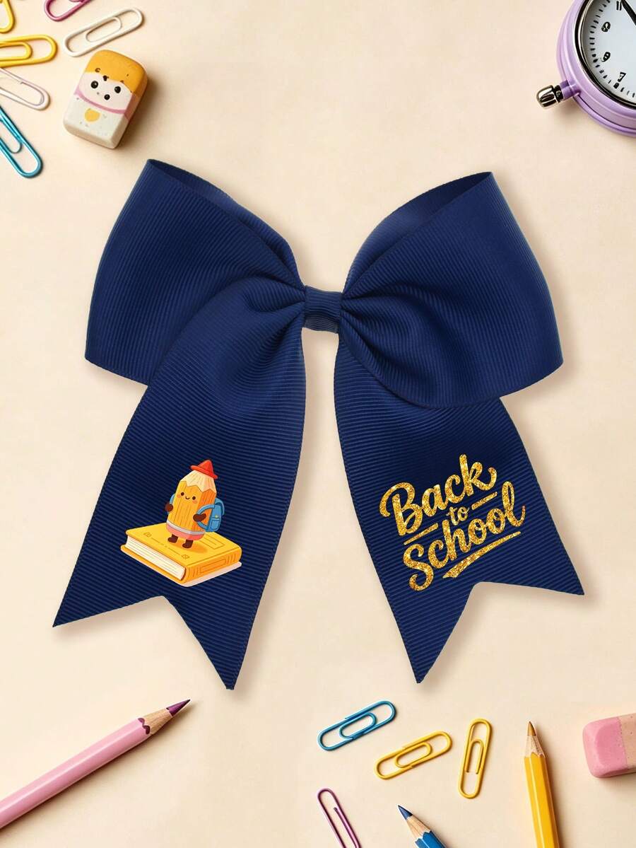 1pc Back To School Cartoon Pencil Print Large Bow Hair Clip, Preppy Style Ribbon Hairpin, Sweet Student Hair Accessory For Girls