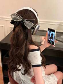 1件女款高級黑色框架網布髮夾，金色飾邊歐根紗大蝴蝶結香蕉夾緞面絲帶馬尾垂直夾，溫柔日常女性髮飾，甜美時尚風格，適合固定高馬尾髮型，優雅奢華，適用於學校、派對、芭蕾表演或日常穿著，也可作為穿衣時的固定夾或用於各種節日與生日慶祝，髮爪 - 彩色 - 查看 7