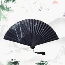 優雅復古中日風竹製摺扇附流蘇，便攜式夏季手扇，適用於婚禮、派對、送友禮物、開學季，夏季降溫與居家裝飾，黑白花卉圖案設計 - 多色 - 查看 13