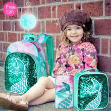 3 Pieces Girls Purple Mermaid Tail Scale Print Reversible Sequin Material Adjustable Straps Cute Style Backpack Set For Back-To-School & Daily Travel - Fish Tail - View 9