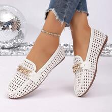 Spring New Women's Chain Loafers, British Soft PU Penny Loafers Slip-On Flat Shoes - White - View 3