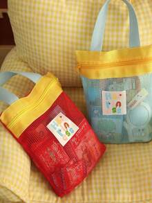 2pcs/Set Cute Colorblock Mesh Tote Bag With Zipper, Portable Breathable Storage Bag, Suitable For Travel, Gym And Daily Use - Multicolor - View 6