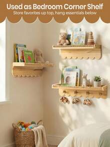 Wavy Edge Beaded Wooden Floating Wall Shelf With Hooks, Cute Baby Room Display & Storage Rack For Baby Books, Toys, Clothes And Decor - Multicolor - View 9