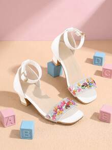 1 Pasang Sandal Hak Tinggi Musim Panas Baru untuk Anak Perempuan, Dekorasi Manik-Manik Warna-warni dengan Rhinestone Perak, Gesper Ujung Persegi Ujung Terbuka Sepatu Putri Manis, Cocok untuk Pesta, Pertunjukan, Belanja, Dipadukan dengan Gaun - Putih - View 6