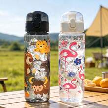 1pc 600ml Cartoon Pattern Printed Summer Water Bottle With Straw Cup, Suitable For Sports, Outdoor, Home, Office, School, Portable And Giftable - Multicolor - View 2