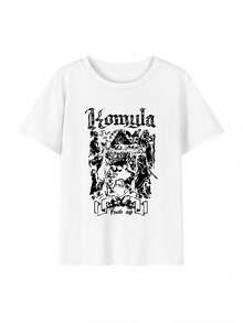 Camiseta de verano vintage para mujer con estampado de letras y calaveras, cuello redondo, corte holgado, informal, versátil, color blanco. - Blanco - Ver 1