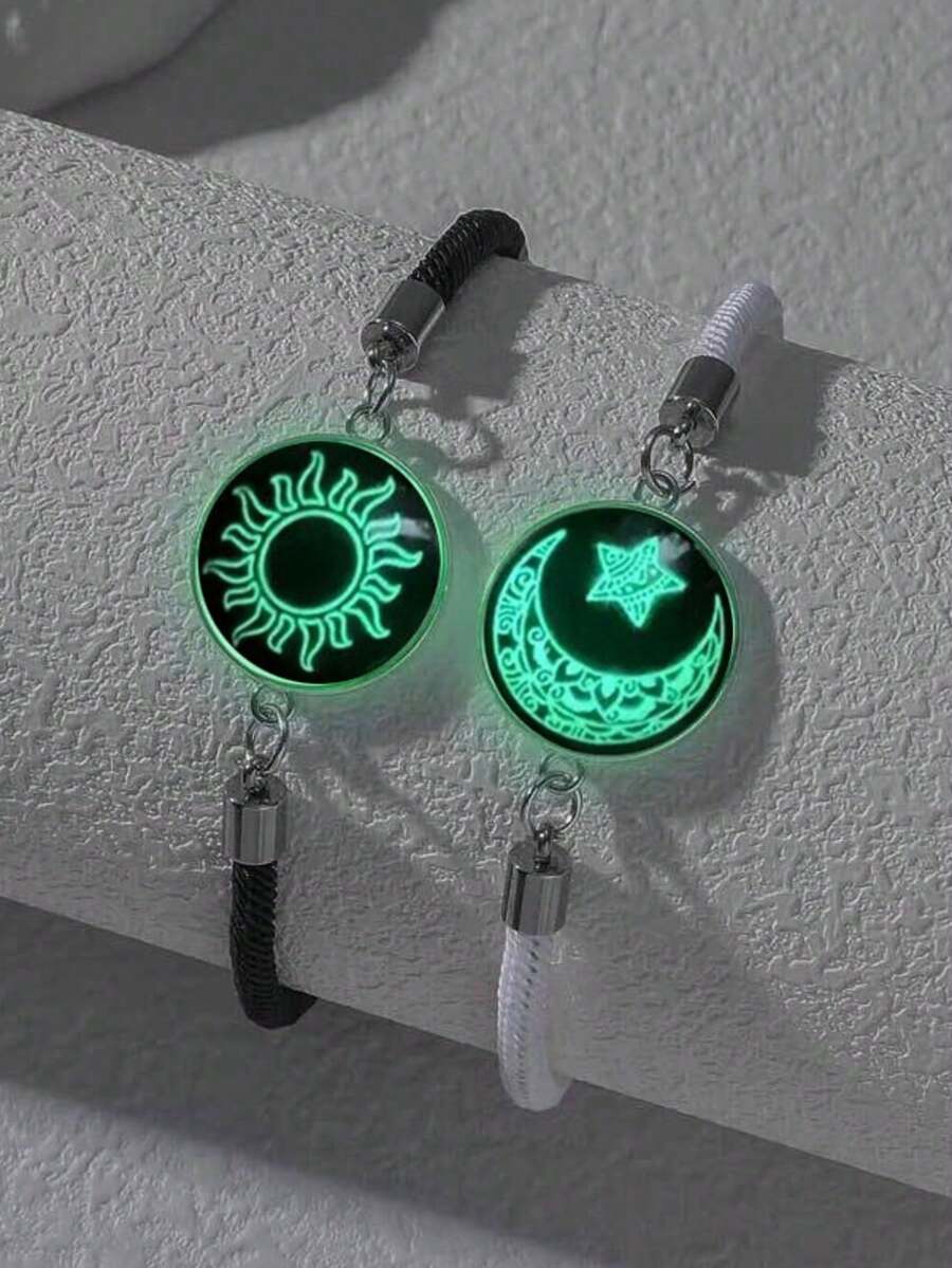 2pcs Set Gelang Hadiah Pasangan Buatan Tangan Baru Hitam & Putih, Gelang Kaca Bercahaya Matahari Bulan Bintang - Hitam dan Putih - View 1