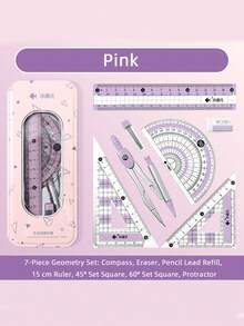 1Pc/2Pcs Professional Geometry Tool Set With Metal Case, 7-Piece Drafting Kit Including Compass, Protractor, Straight Ruler, Triangle Rulers, Eraser And Lead Refills, Accurate Measuring Tools For Drawing, Design, Math And Office Use - Sets - View 10