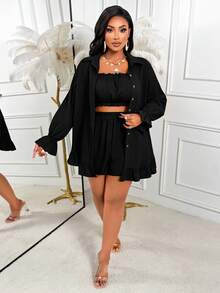 AIJ Plus Size Women's Casual Set, Ruffle Hem Button Front Shirt Collar Top Elegant Summer Black - Black - View 6