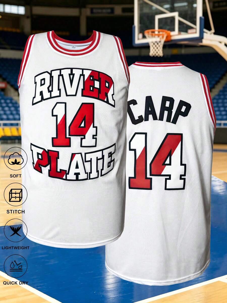 KTYSDE Men's Basketball Jersey, #14 CARP Retro Letter Embroidery Loose Sleeveless Round Neck Tank Top, Suitable For Basketball Training, Match, Sports, Running, Fitness, Street Fashion, - White - View 1