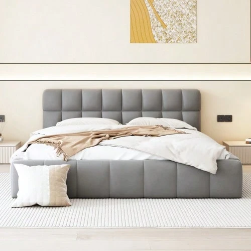 Youth Bed, Double Bed With Soft Backrest, Flat Bed With Upholstered Surround, Slatted Frame Linen Grey (Mattress Not Included) - Grey - View 1