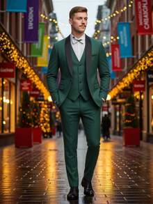 Caelus Traje formal de 3 piezas para hombre, corte slim, de alta calidad para negocios/eventos sociales/bodas, que incluye chaqueta, pantalones y chaleco - Verde militar - Ver 2